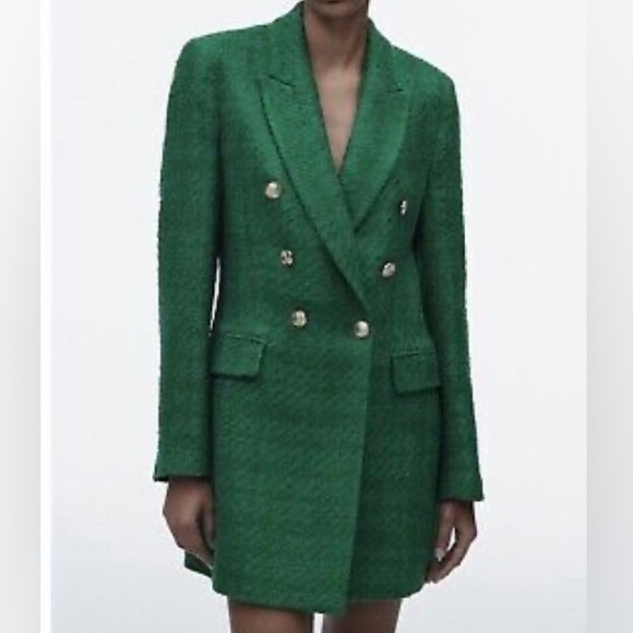 Zara Green Textured Tweed Double-Breasted Structured Blazer | Size XS - Picture 1 of 16